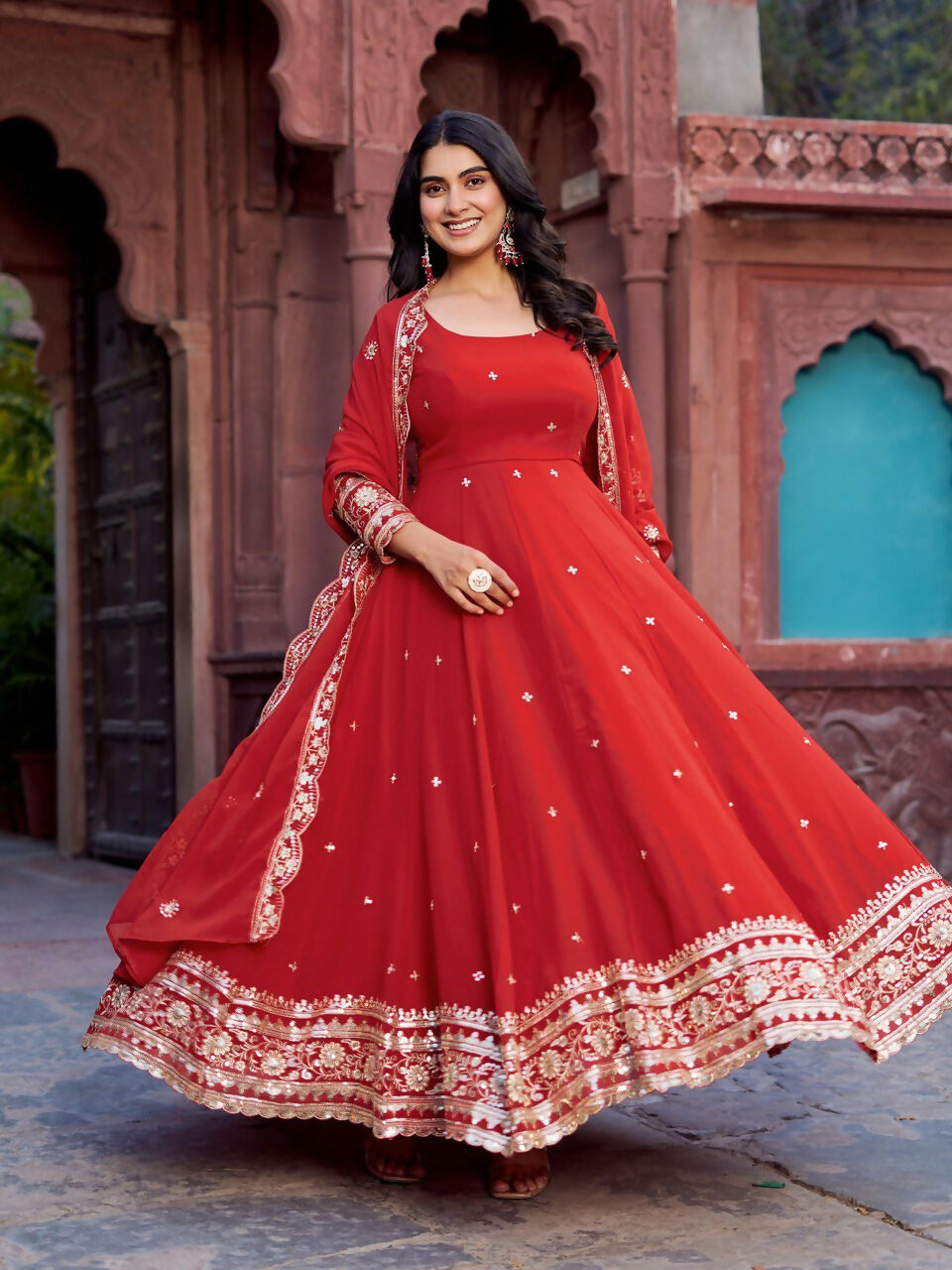 The52 Women's Beautiful Faux Georgette Fabric Embroidery Work Flared Anarkali Pant and Dupatta Set | Grocsy