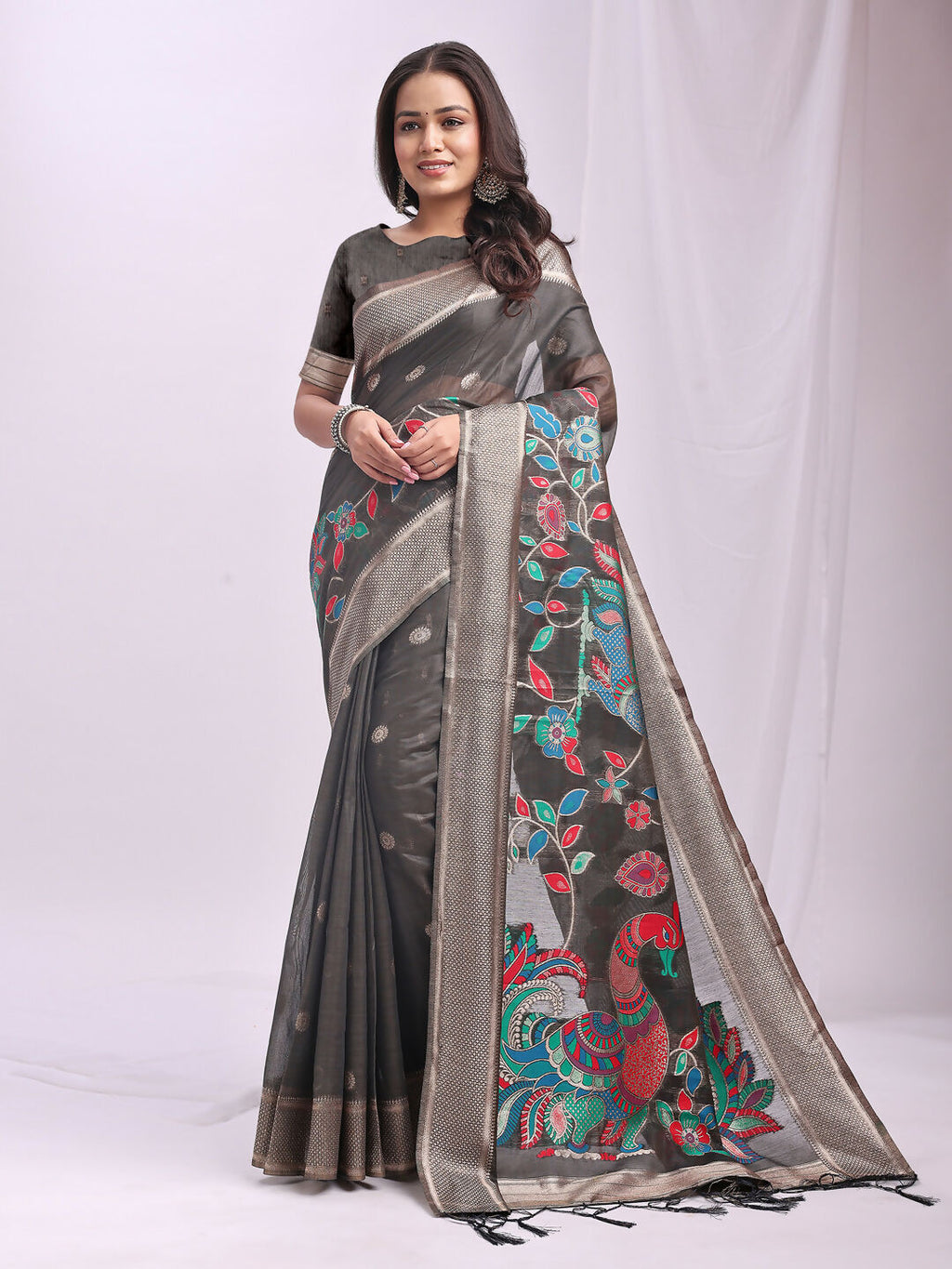 Shree Shyam Fashion Linen Cotton Grey Saree | Grocsy
