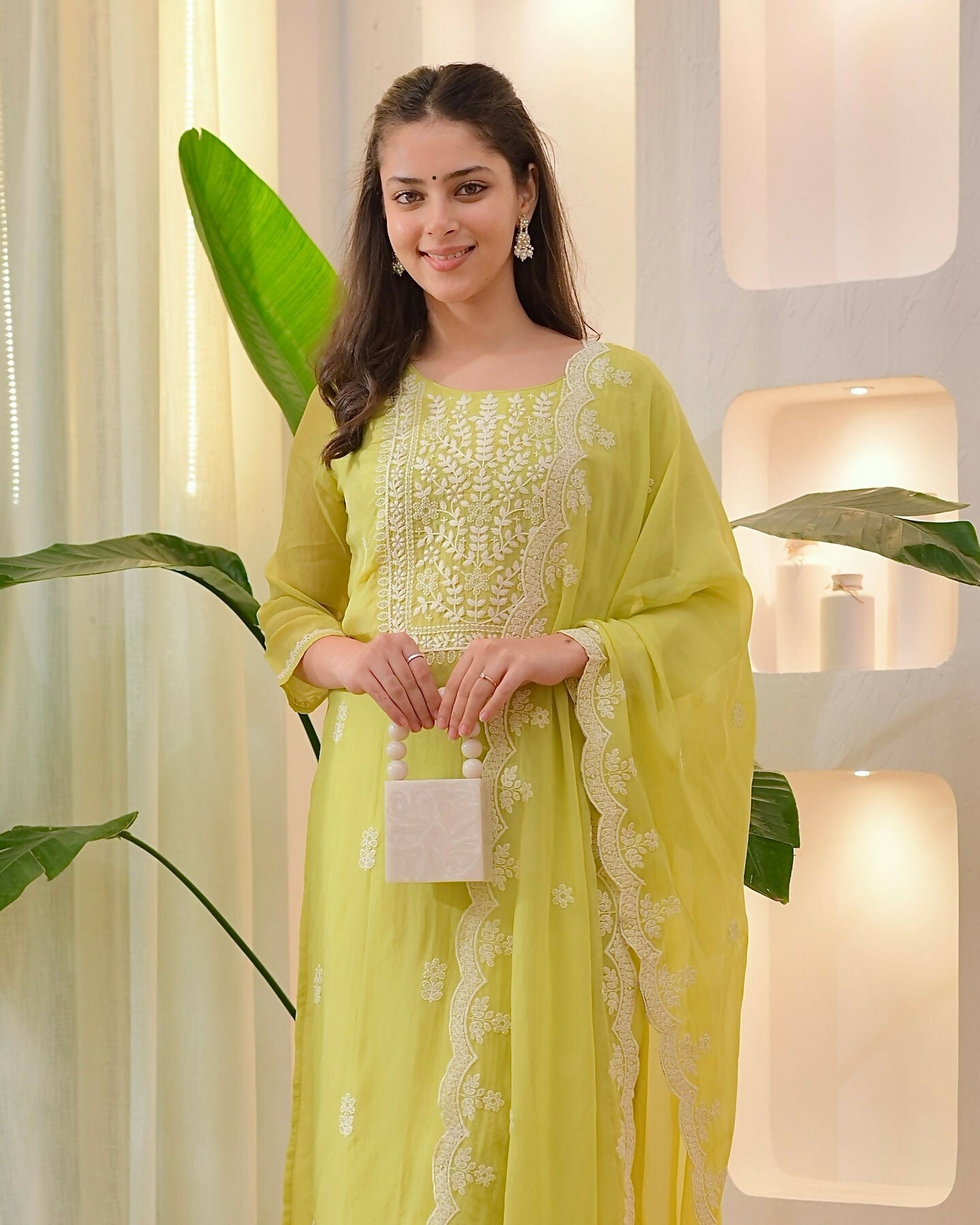 The52 Lemons Women's Beautiful Chikankari Work Chanderi Fabric Straight Kurta Pant and Dupatta Set | Grocsy