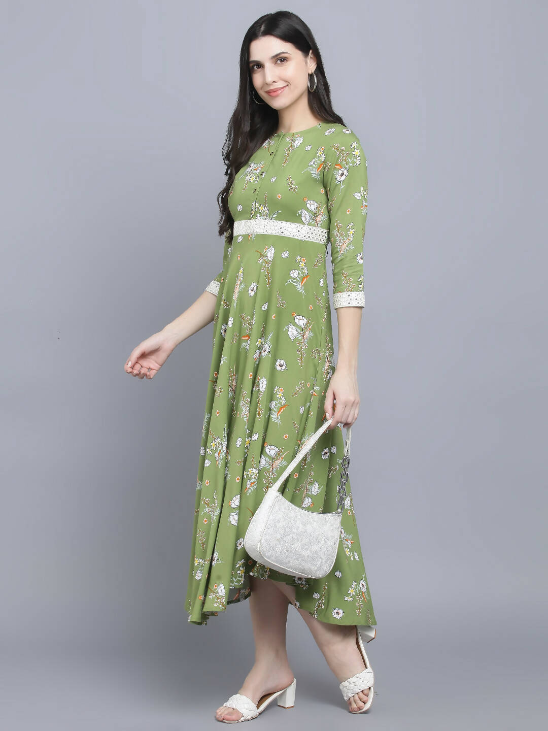 Myshka Women Green Floral Midi Dress | Grocsy