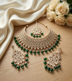Jewel City Kundan Bridal Choker Jewelry Set with Beads | Indian Wedding Necklace, Drop Earrings & Maang Tikka | Grocsy