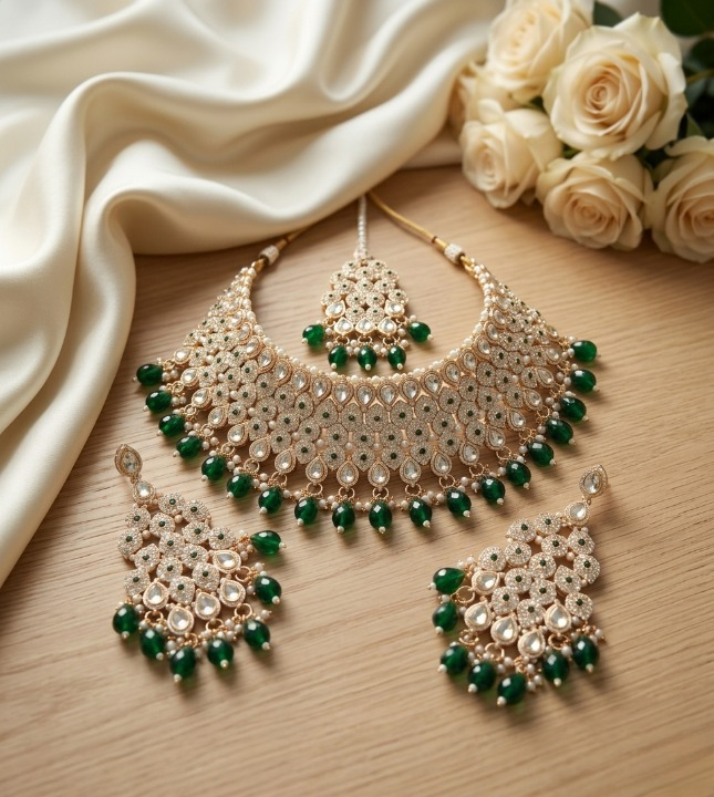 Jewel City Kundan Bridal Choker Jewelry Set with Beads | Indian Wedding Necklace, Drop Earrings & Maang Tikka | Grocsy