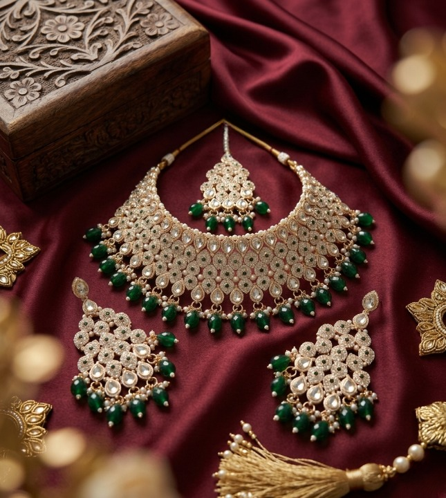 Jewel City Kundan Bridal Choker Jewelry Set with Beads | Indian Wedding Necklace, Drop Earrings & Maang Tikka | Grocsy