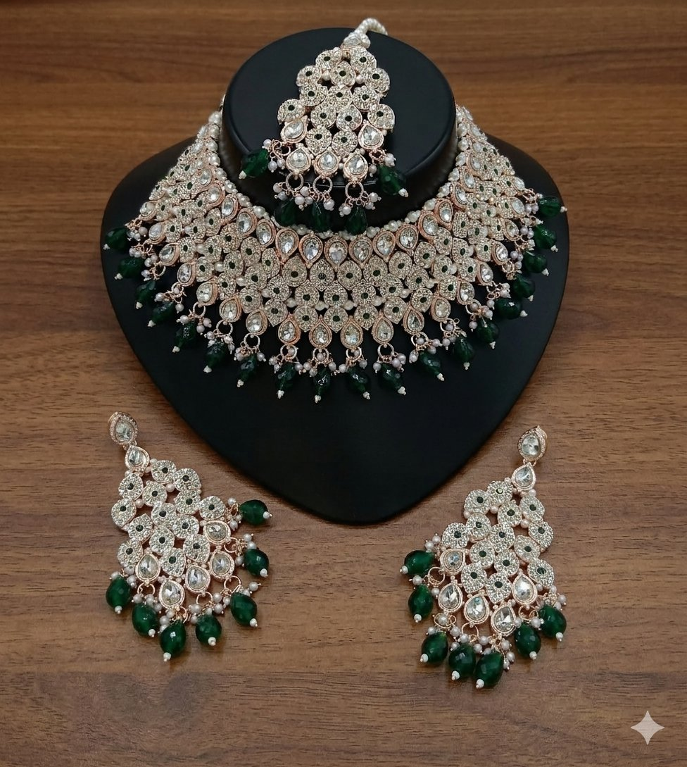 Jewel City Kundan Bridal Choker Jewelry Set with Beads | Indian Wedding Necklace, Drop Earrings & Maang Tikka | Grocsy