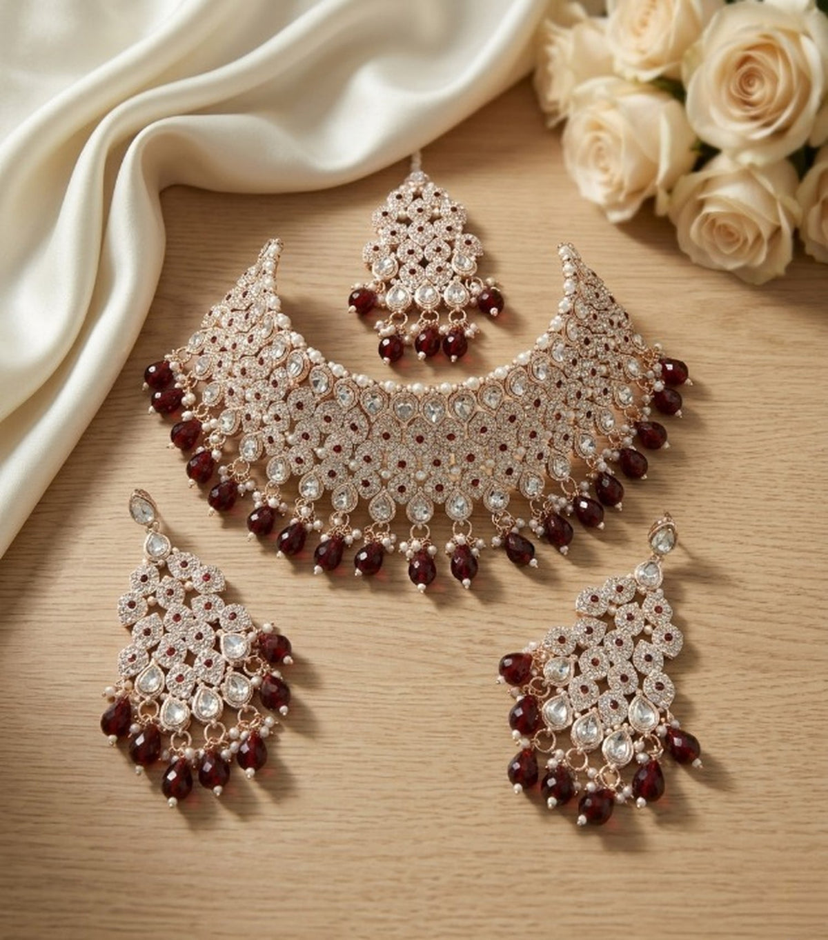 Jewel City Kundan Bridal Choker Jewelry Set with Beads | Indian Wedding Necklace, Drop Earrings & Maang Tikka | Grocsy
