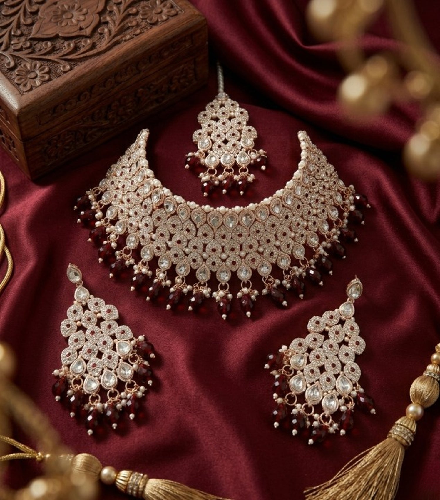 Jewel City Kundan Bridal Choker Jewelry Set with Beads | Indian Wedding Necklace, Drop Earrings & Maang Tikka | Grocsy