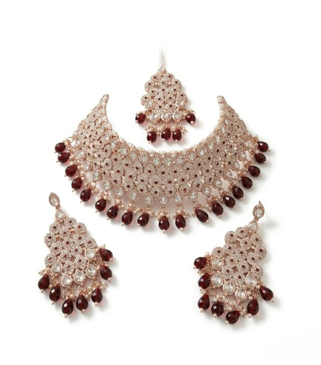 Jewel City Kundan Bridal Choker Jewelry Set with Beads | Indian Wedding Necklace, Drop Earrings & Maang Tikka | Grocsy