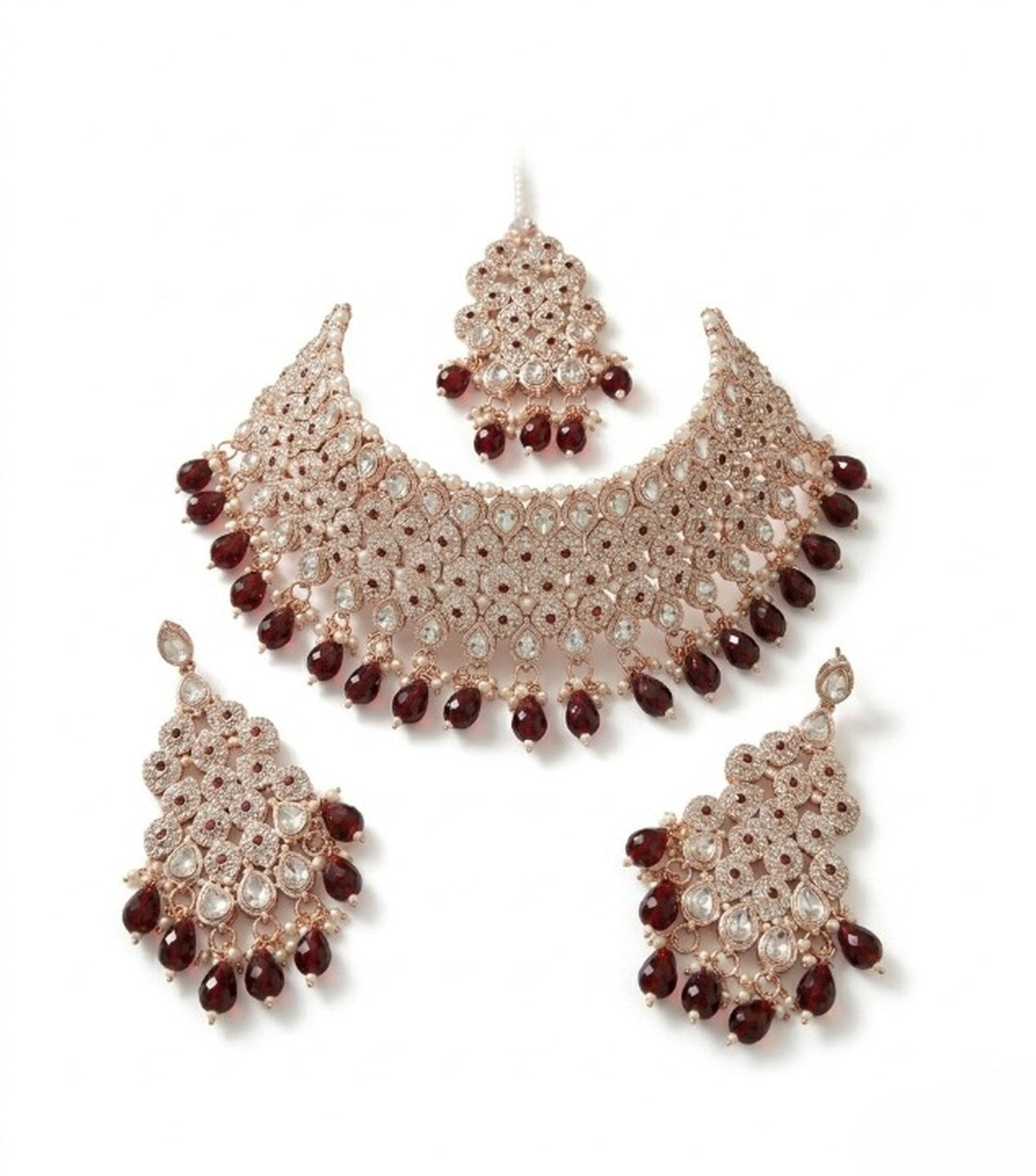 Jewel City Kundan Bridal Choker Jewelry Set with Beads | Indian Wedding Necklace, Drop Earrings & Maang Tikka | Grocsy
