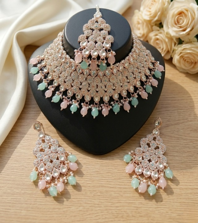 Jewel City Kundan Bridal Choker Jewelry Set with Beads | Indian Wedding Necklace, Drop Earrings & Maang Tikka | Grocsy