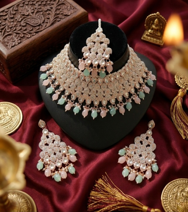 Jewel City Kundan Bridal Choker Jewelry Set with Beads | Indian Wedding Necklace, Drop Earrings & Maang Tikka | Grocsy