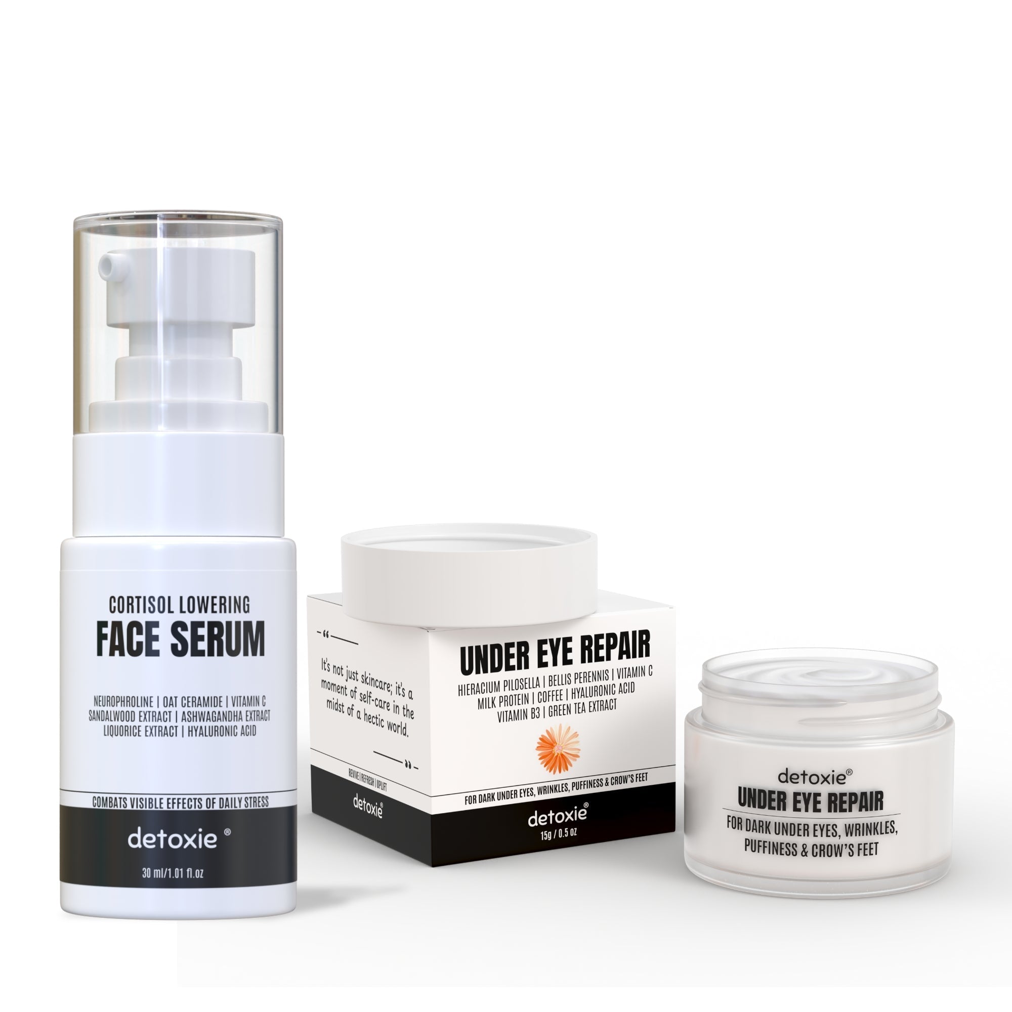 Detoxie Dark Circle & Cortisol Lowering Combo| Cortisol Lowering Serum 30 ml + Under Eye Cream 15gm | Grocsy