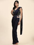 Navy Blue Imported Fabric Plain Ready to wear Saree with stitched Blouse - Vrinda | Grocsy