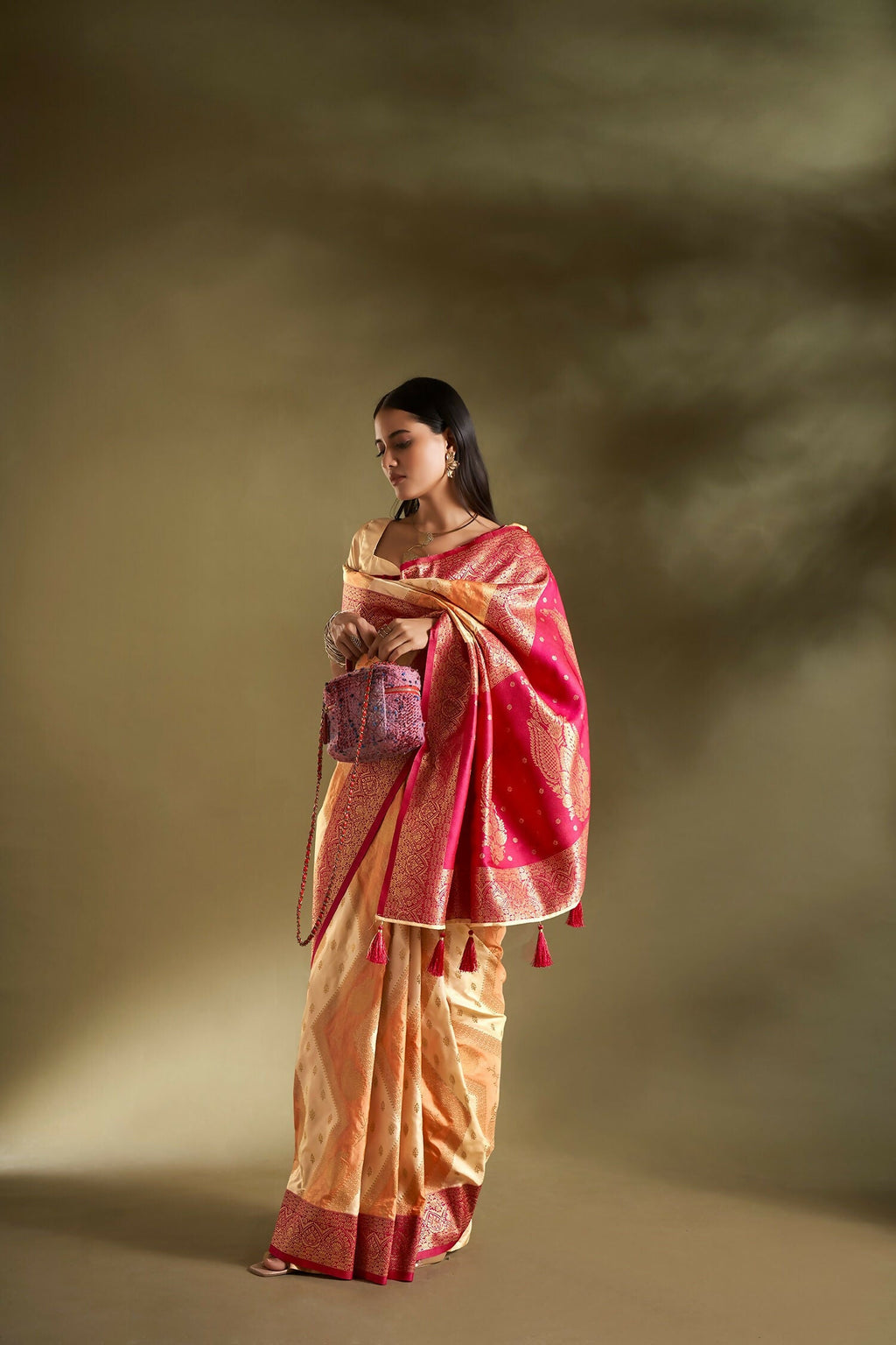 Joban Fashion Cream & Orange Plain With Weaving Border Banarasi Silk Sarees | Grocsy