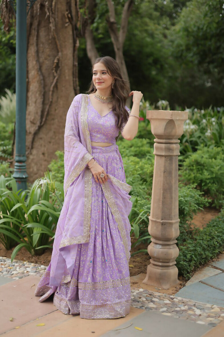 Lorenvalley Lavender Pure Viscose Jacquard with Golden Embroidered Sequins work Lehenga Choli | Grocsy