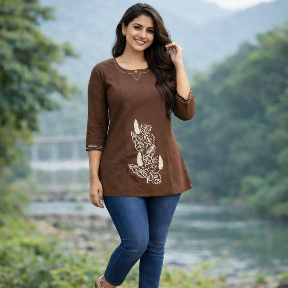 Teeya Creation Womens New Latest Cotton Brown Floral Embroidered Short Kurti | Grocsy