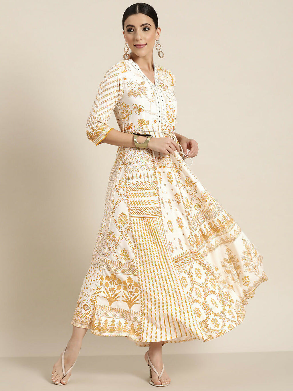 Juniper Mustard Printed Rayon Lacy Maxi Dress With Mirror Embroidered Neckline & Tassels At Waist | Grocsy