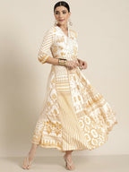 Juniper Mustard Printed Rayon Lacy Maxi Dress With Mirror Embroidered Neckline & Tassels At Waist | Grocsy
