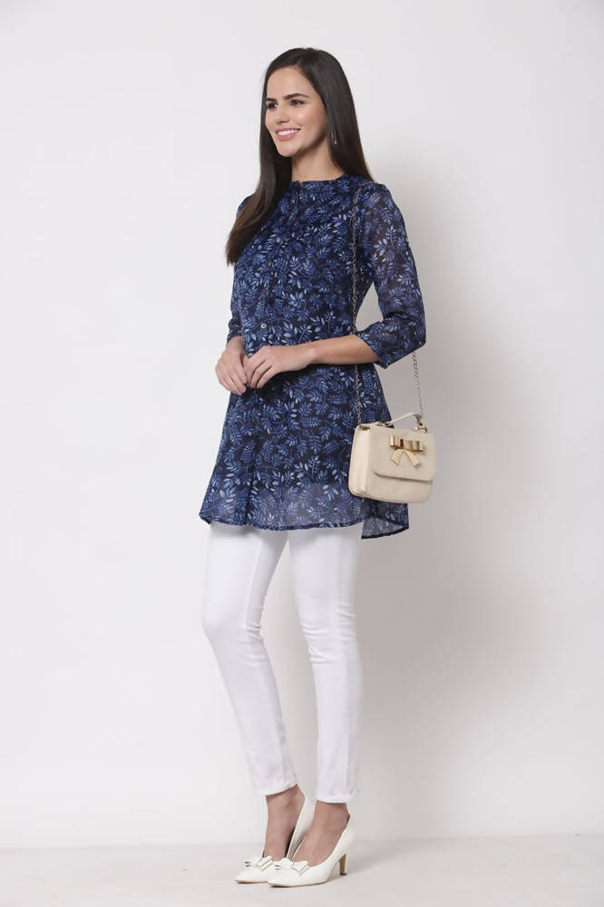 Myshka Women's Trendy Organza Printed 3/4 Sleeve Round Neck Casual Multicolor Tunic | Grocsy
