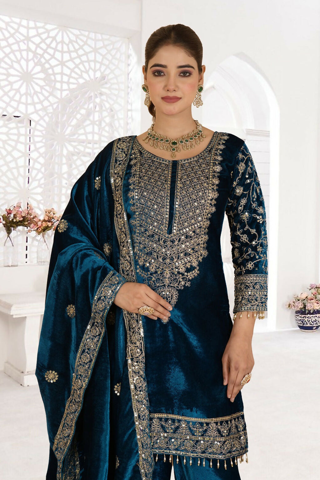 Joban Fashion Blue Velvet Sequence Embroidery Work Kurta Set | Grocsy