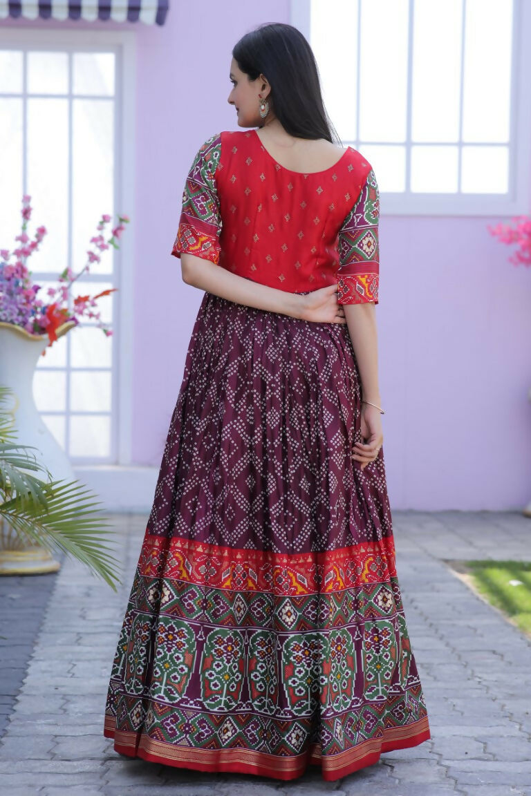 Jyoti Fashion Women's Wine Patola with Foil Print Dola Silk Anarkali Dress | Grocsy