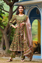 Yufta Women Green Printed Kurta With Trouser & Dupatta | Grocsy