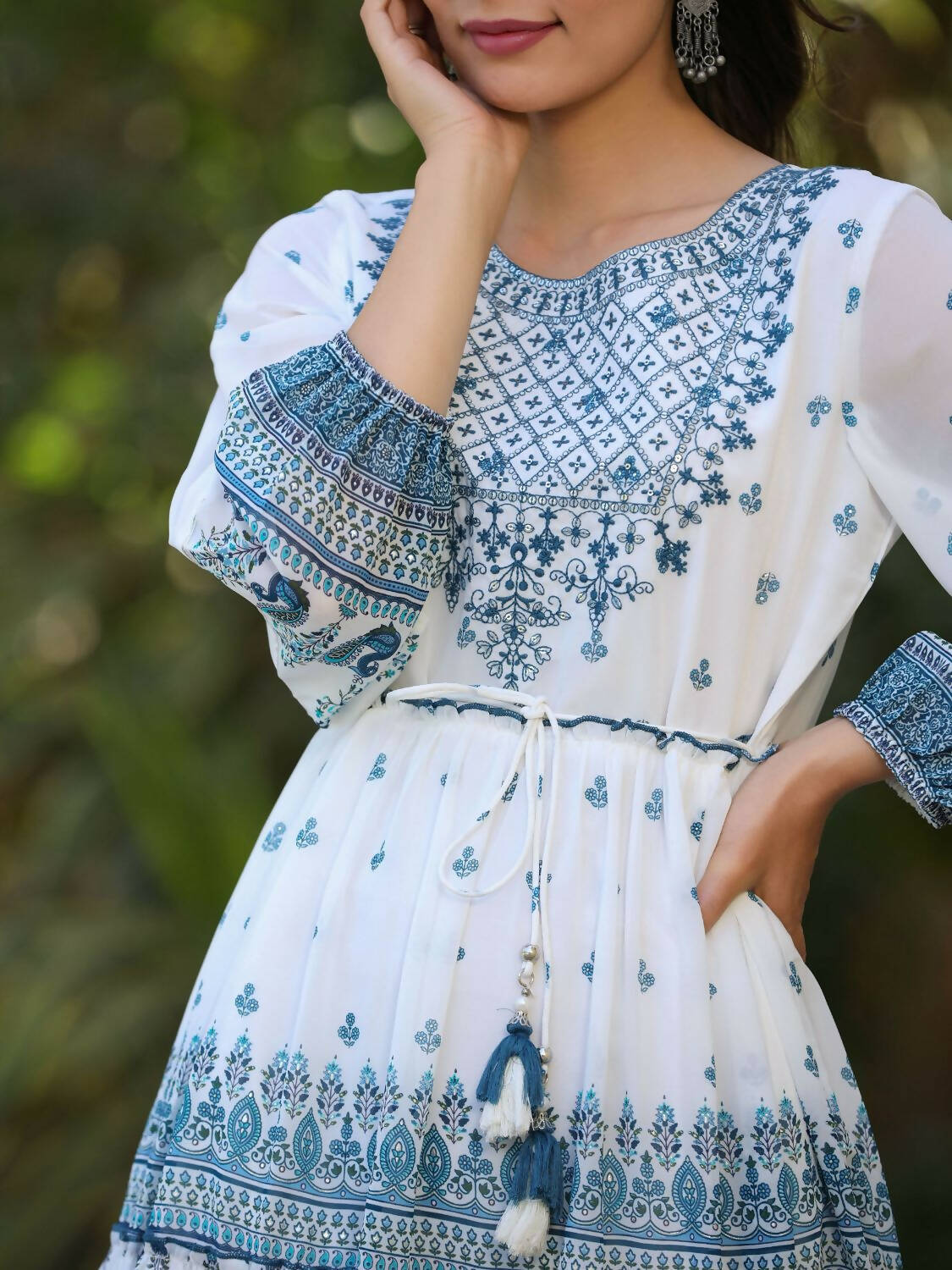 Juniper Women Off-White Georgette Printed Short Tiered Dress with Embroidered Yoke | Grocsy