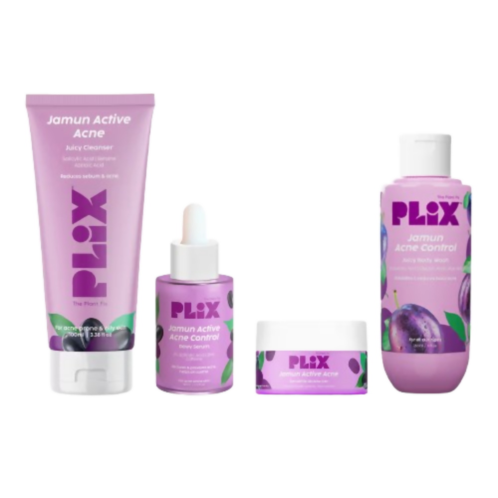 PLIX The Plant Fix Jamun Active Acne Regime - Cleanser, Acne Mark Serum, Moisturizer & Body Wash For Women & Men | Grocsy
