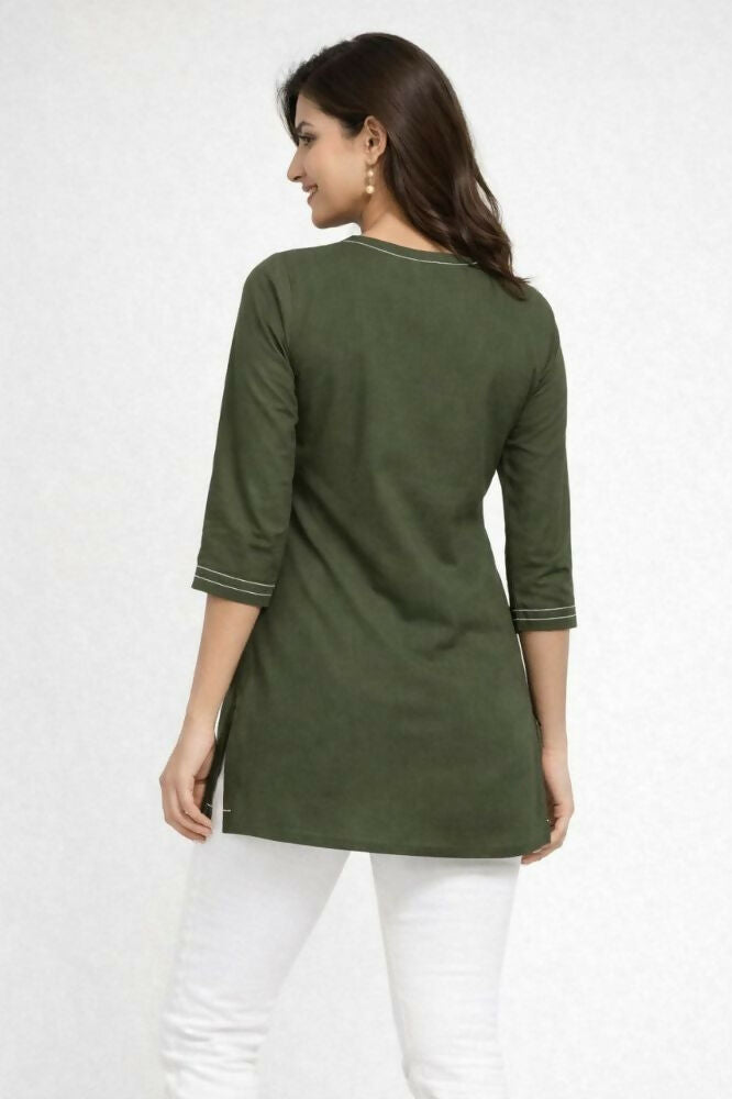 Teeya Creation Womens New Latest Cotton Mehendi Green Floral Embroidered Short Kurti | Grocsy