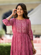 Juniper Women's Onion Pink Ethnic Motif Printed Georgette Gathers Maxi Dress With Sequins & Doris | Grocsy