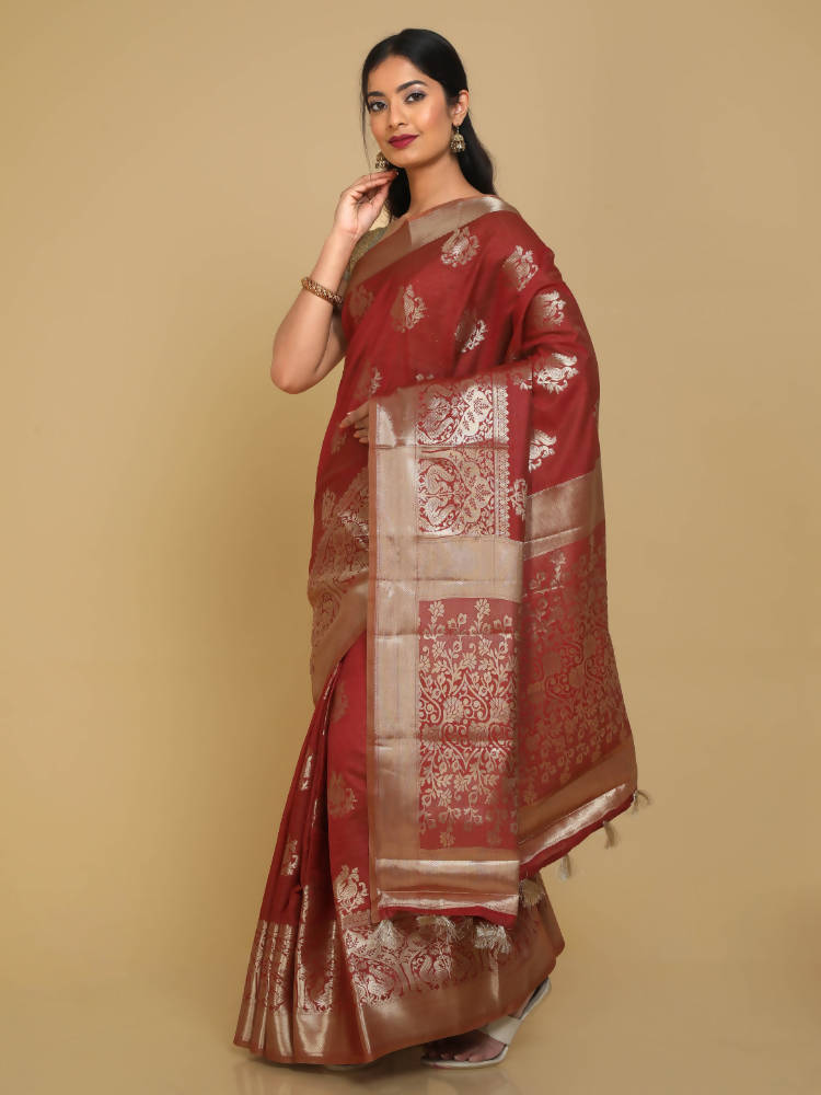 Kalamandir Peacock Print Red Silk Blend Saree | Grocsy