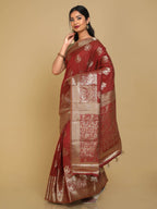 Kalamandir Peacock Print Red Silk Blend Saree | Grocsy