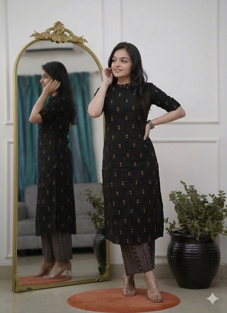 Teeya Creation Classic Black Cotton Kurta Set With Subtle Embroidery And Printed Palazzos | Grocsy