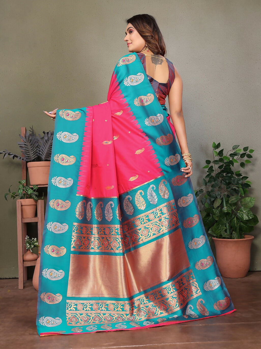 Joban Fashion Banarasi Pink ButtiSoft Silk Saree | Grocsy