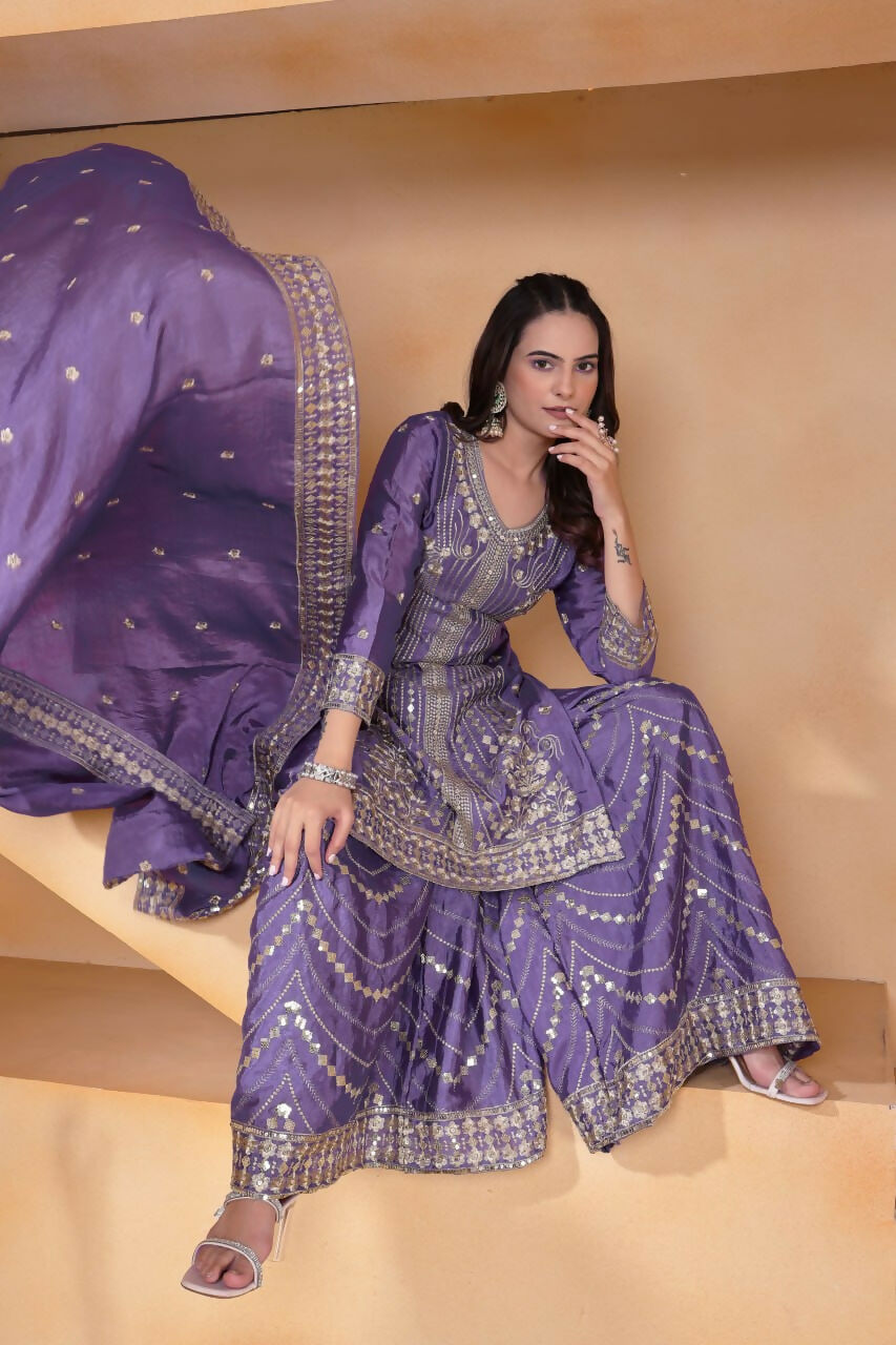 Teeya Creation Lavender Color Chinon Silk Wedding Wear Trending Palazzo Set | Grocsy