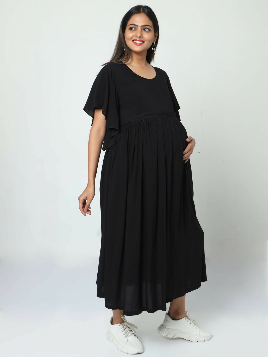 Manet Maternity Frill Slevee Solid Dress With Concealed Zipper Nursing Access - Black | Grocsy