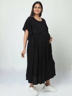 Manet Maternity Frill Slevee Solid Dress With Concealed Zipper Nursing Access - Black | Grocsy