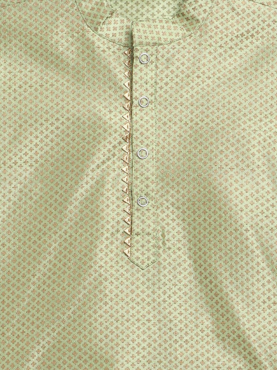 Ahalyaa Green Poly Silk Gold Print Kids Kurta Churidar Set For Boys | Grocsy