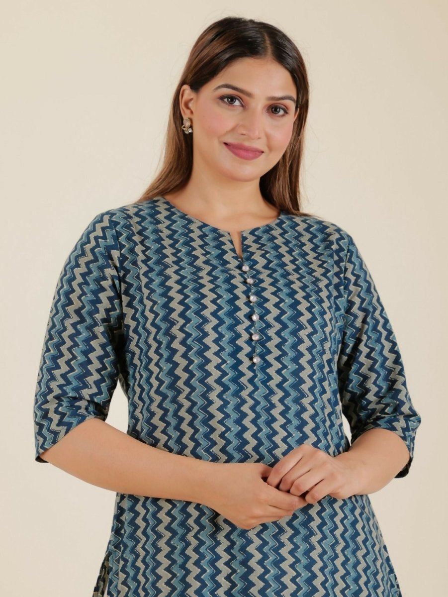 Aramya Blue Soft Cotton Chevron A-line Kurta for Women | Grocsy