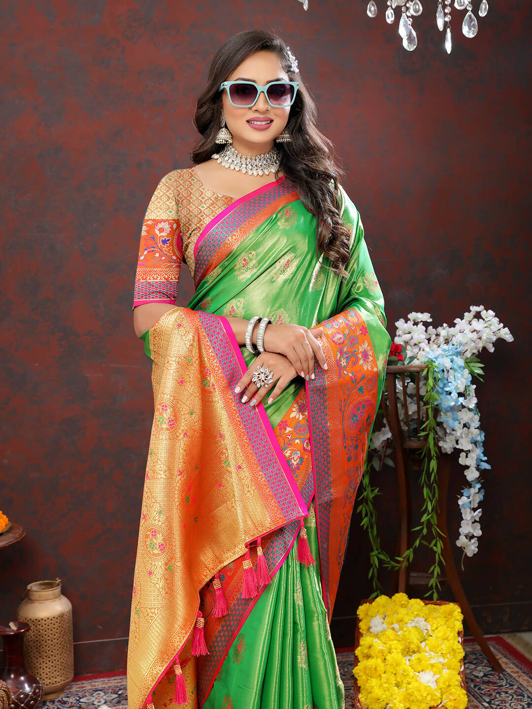 Lorenvalley Fashion Navyblue Kanjivaram Silk Woven Design with Zari Weaving Saree | Grocsy