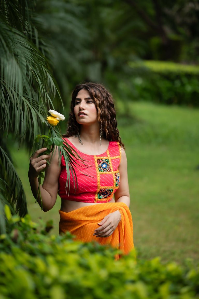 Amodini Designer Studio Women's Coral Chinon Lehriya Sleeveless Blouse | Grocsy