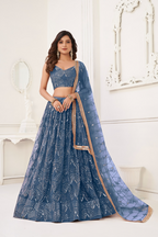 Eilara Glamorous Turquoise Net With Sequins And Thread Embroidery Real Mirror Work Lehenga Choli For Wedding | Grocsy