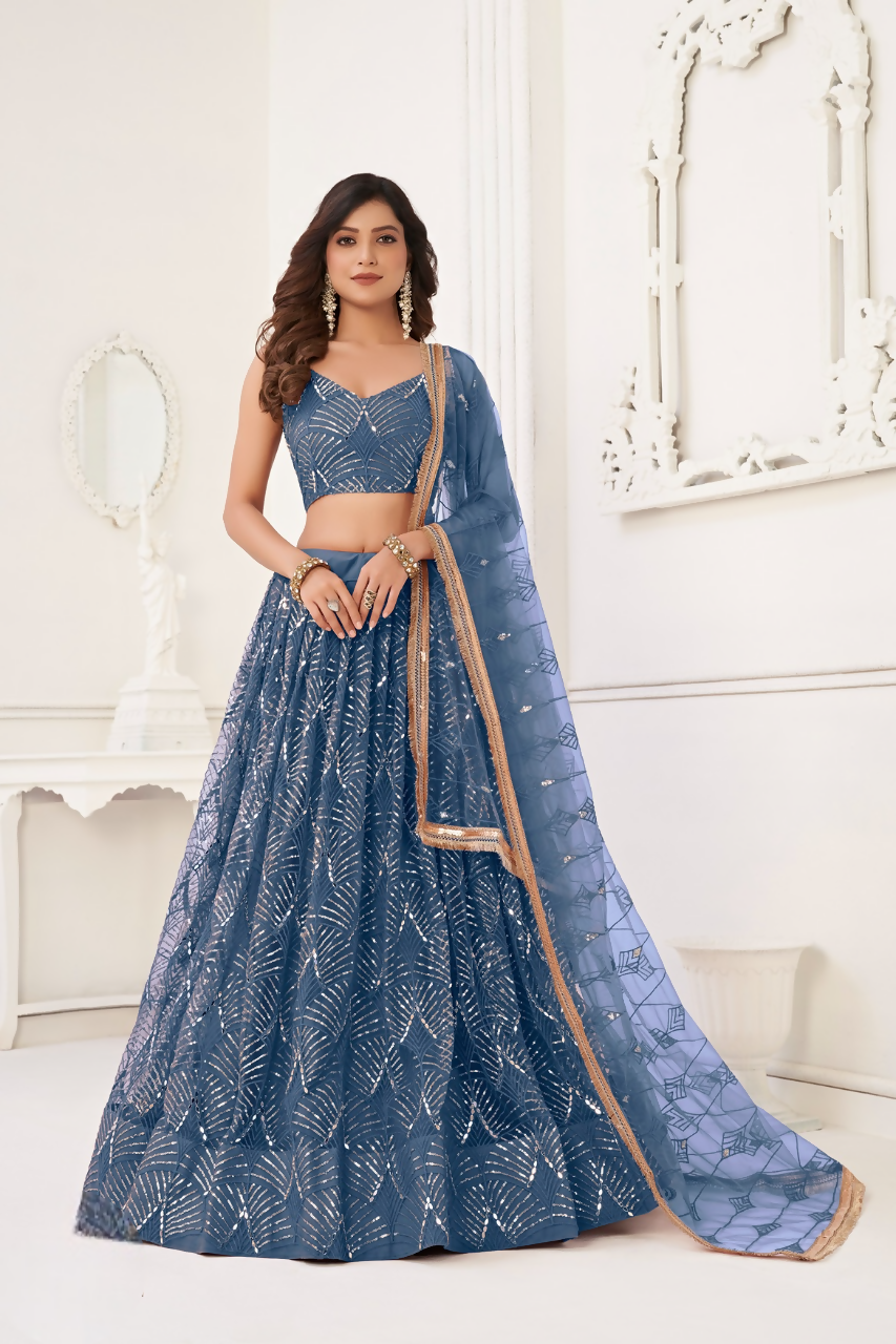 Eilara Glamorous Turquoise Net With Sequins And Thread Embroidery Real Mirror Work Lehenga Choli For Wedding | Grocsy