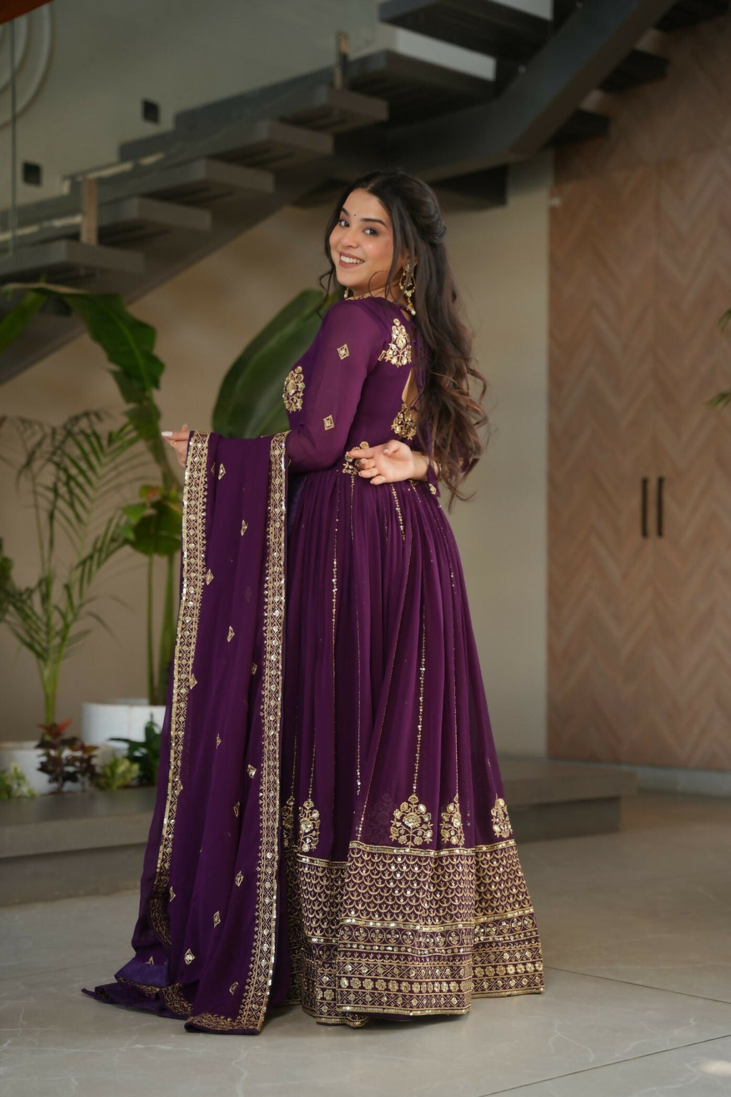 Joban Fashion Wine Georgette Sequence Embroidery Work Kurta Set | Grocsy