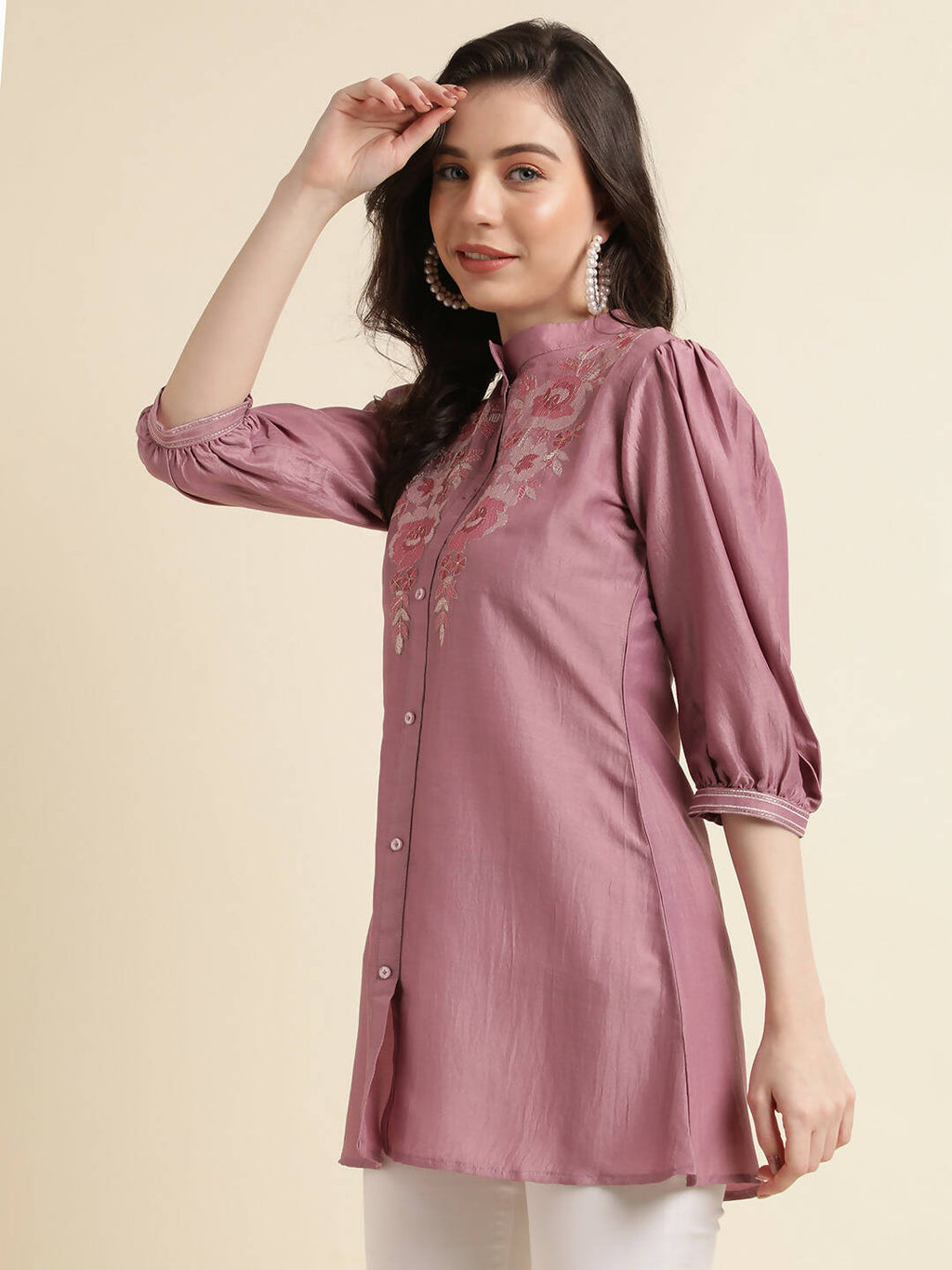 Dust Pink Chinon Yoke Embroidered A-line Top - Tarini | Grocsy