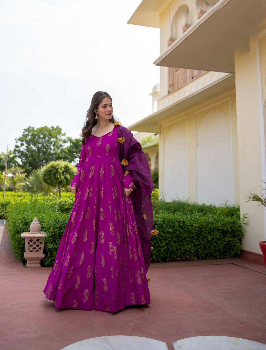 Purple Pure Reyon Gold Foil Work Stitched Suit With Dupatta - Anbazaar | Grocsy