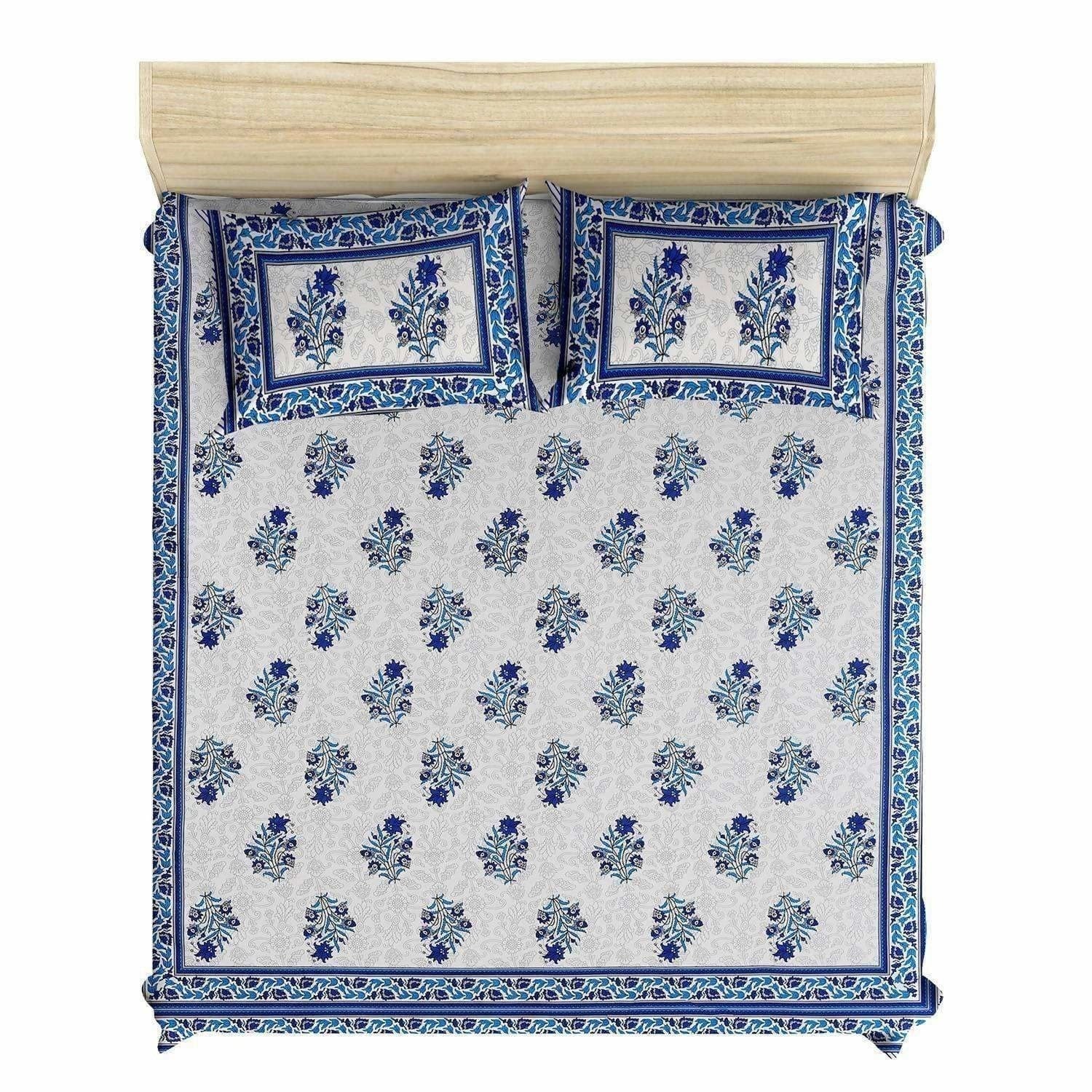 Jaipuri Hand Printed Floral 144TC Cotton DoubleQueen Bedsheet with 2 Pillow Covers | Grocsy