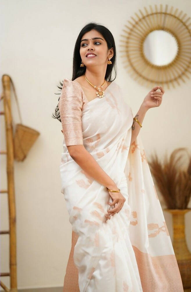 DEIANA'S Beautiful Designer Golden zari Soft Lichi Silk Saree - White | Grocsy