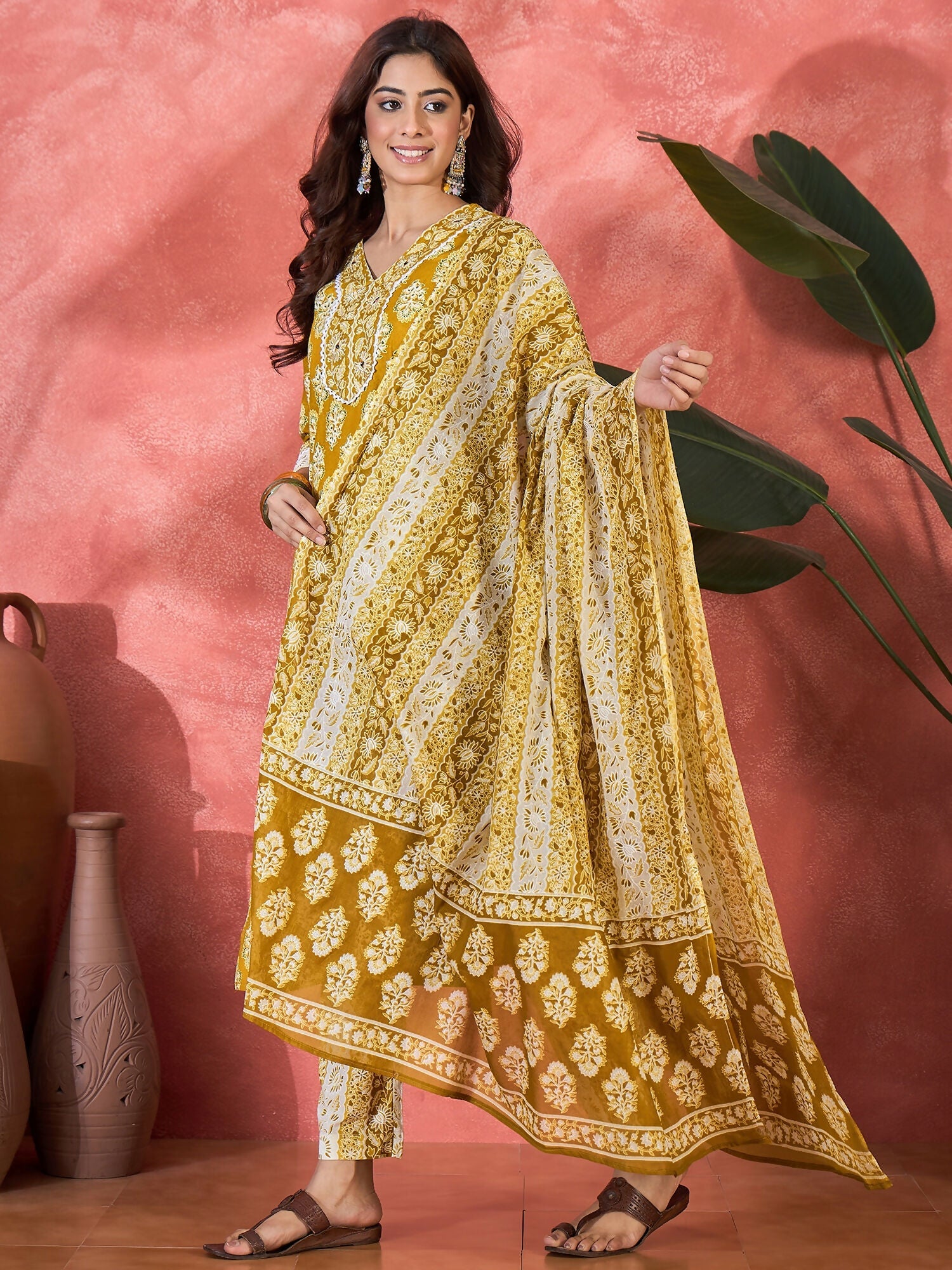 Joban Fashion Printed Mustard Pure Cotton Kurta Set | Grocsy