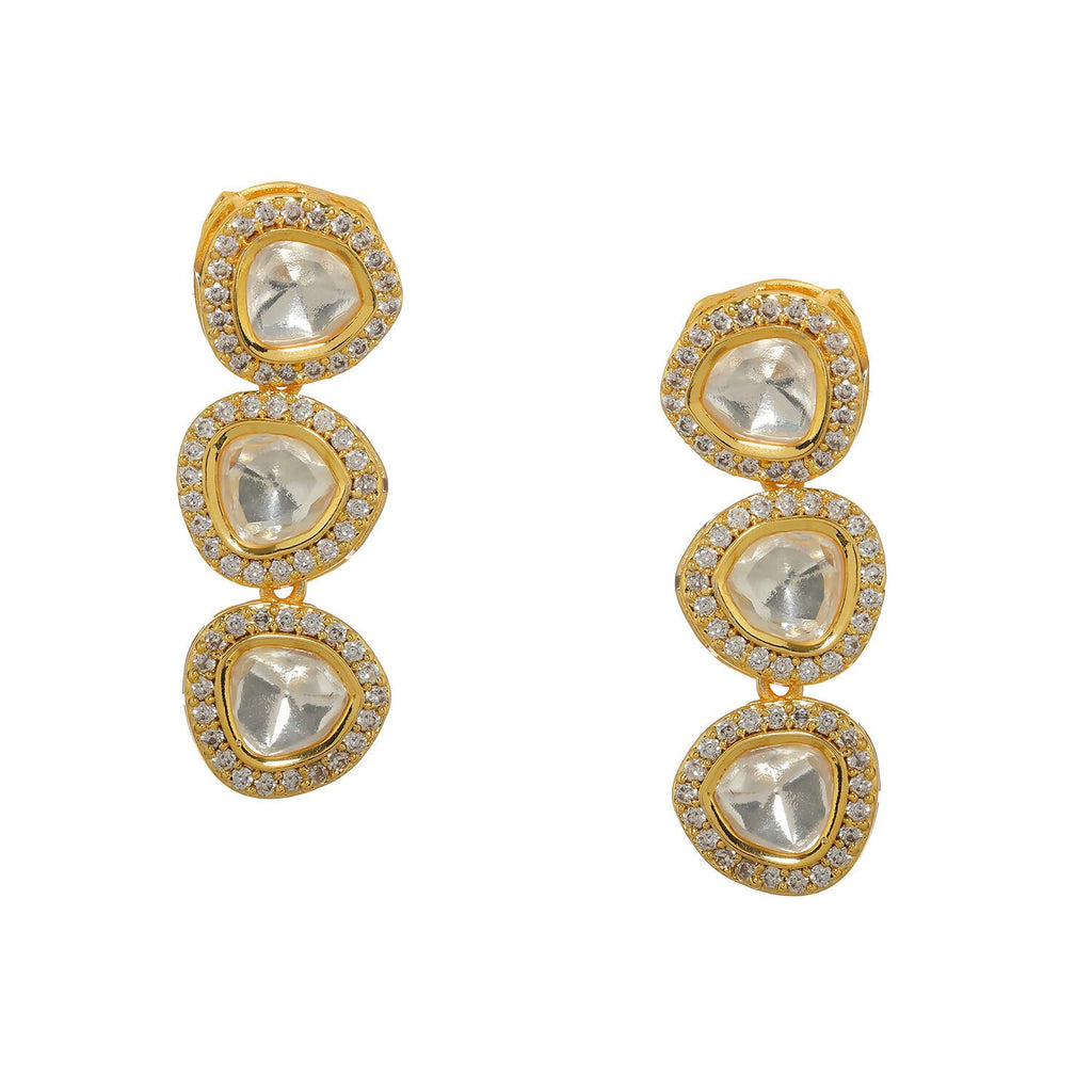 Uncut 3 Tier Kundan Dangler Earrings (Gold) - Ruby Raang | Grocsy