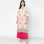 Cheera Hand Block Print Cream & Magenta Straight Kurta With Palazzo (MAAI-087K) | Grocsy
